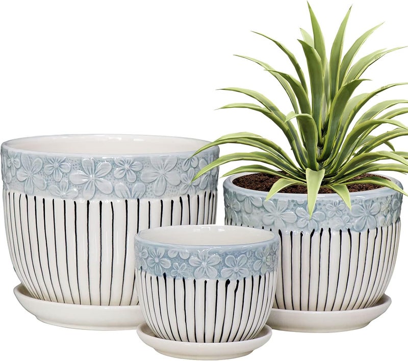 Ton Sin Grey Flower Pots,Texture Planter for Indoor Plants Set of 3 Ceramic Flower Pots with Saucer,Cute Garden Pots Succulent Pots（3 Pack,Grey - Image 1